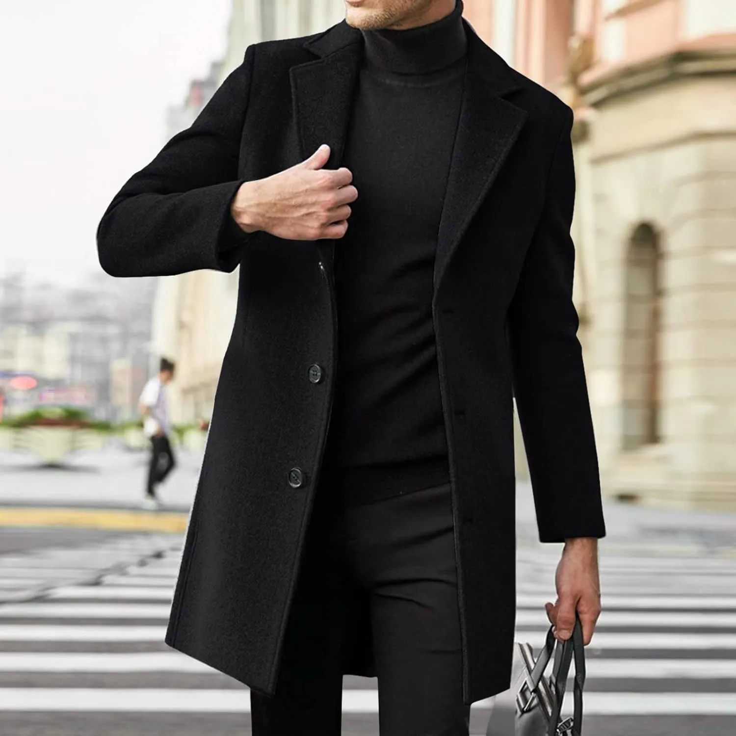 Black Trench Coat Men Costume Casual Trench Slim Fit Notched Collar Long Jacket Warm Winter Soft Vintage Overcoat