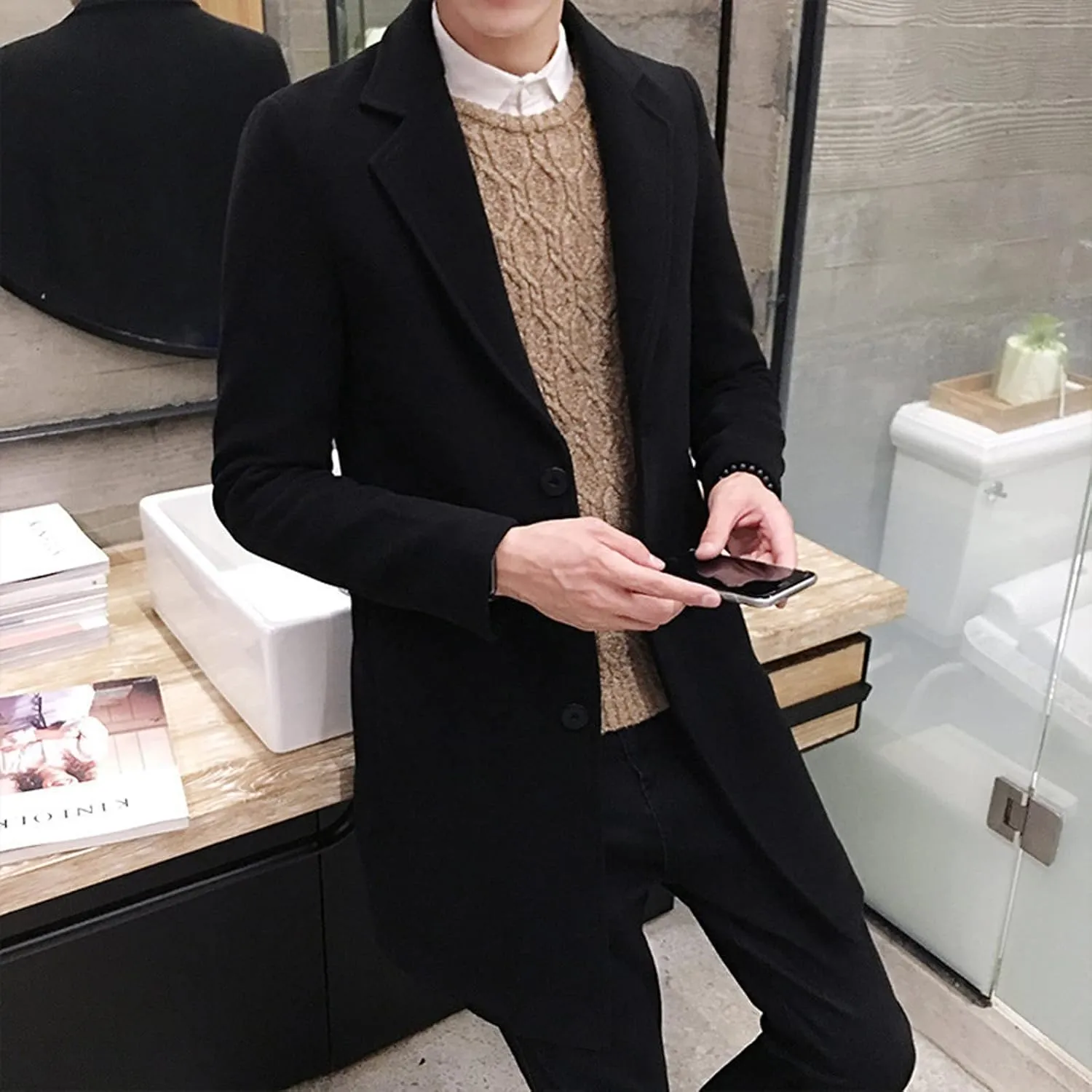 Black Trench Coat Men Costume Casual Trench Slim Fit Notched Collar Long Jacket Warm Winter Soft Vintage Overcoat