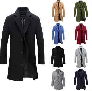 Black Trench Coat Men Costume Wool Blend Coat Notched Collar Breasted Overcoat Warm Winter Fashion Business Coat