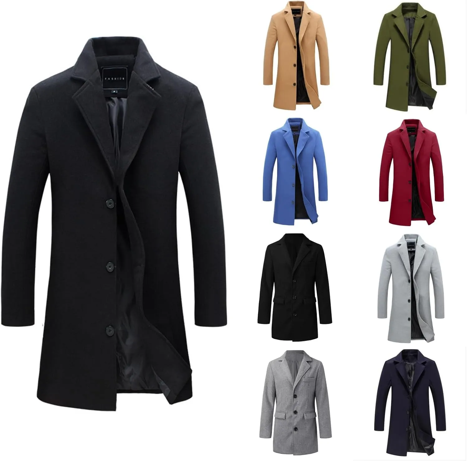 Black Trench Coat Men Costume Wool Blend Coat Notched Collar Breasted Overcoat Warm Winter Fashion Business Coat