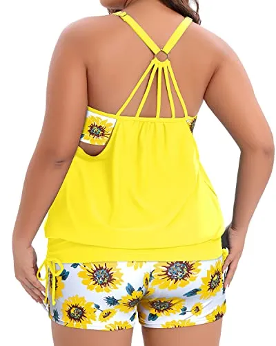 Blouson Tankini Top & Boy Shorts Two Piece Plus Size Women Swimsuit-Yellow And Sunflower
