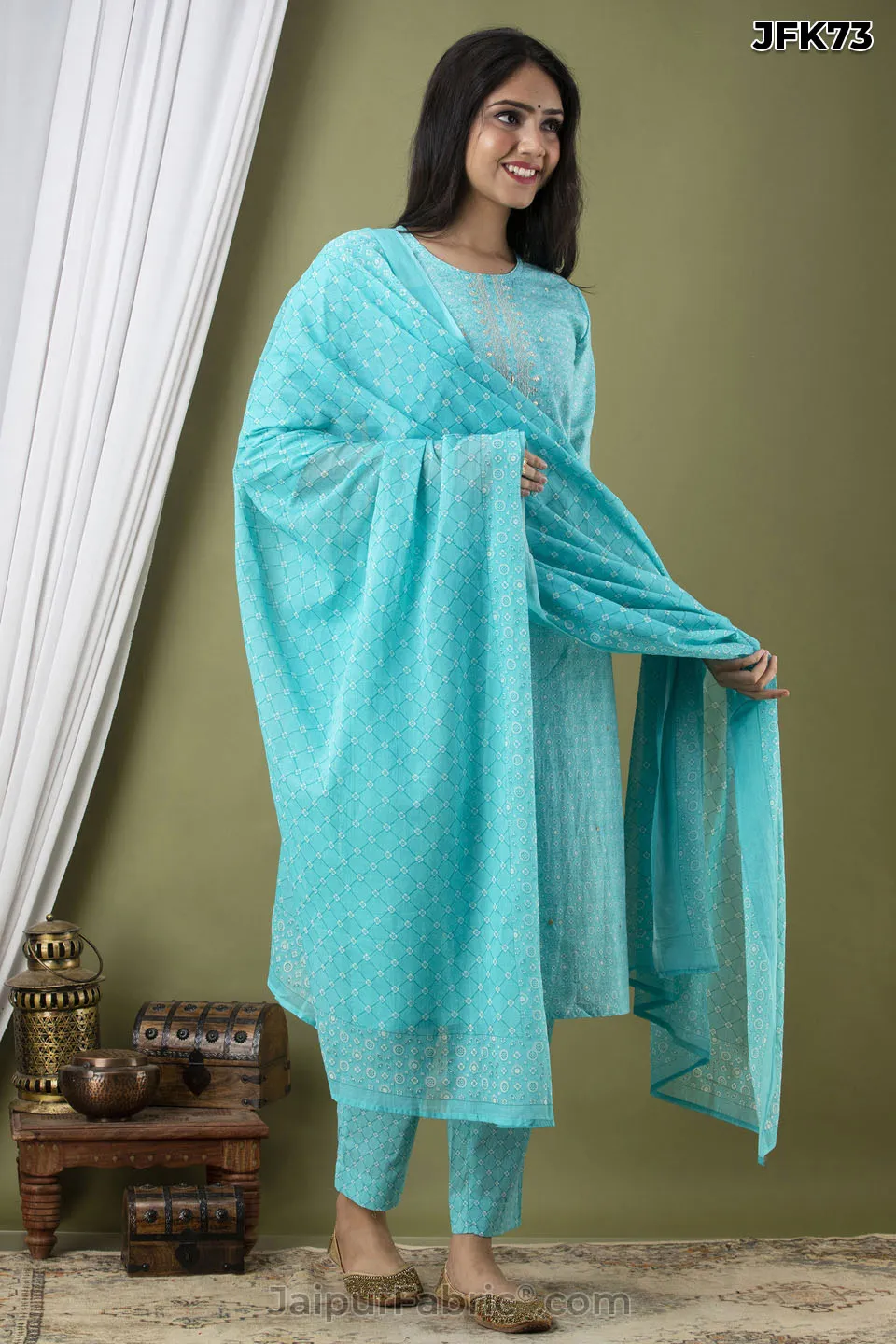 Blue Cotton Kurti 3pcs Set