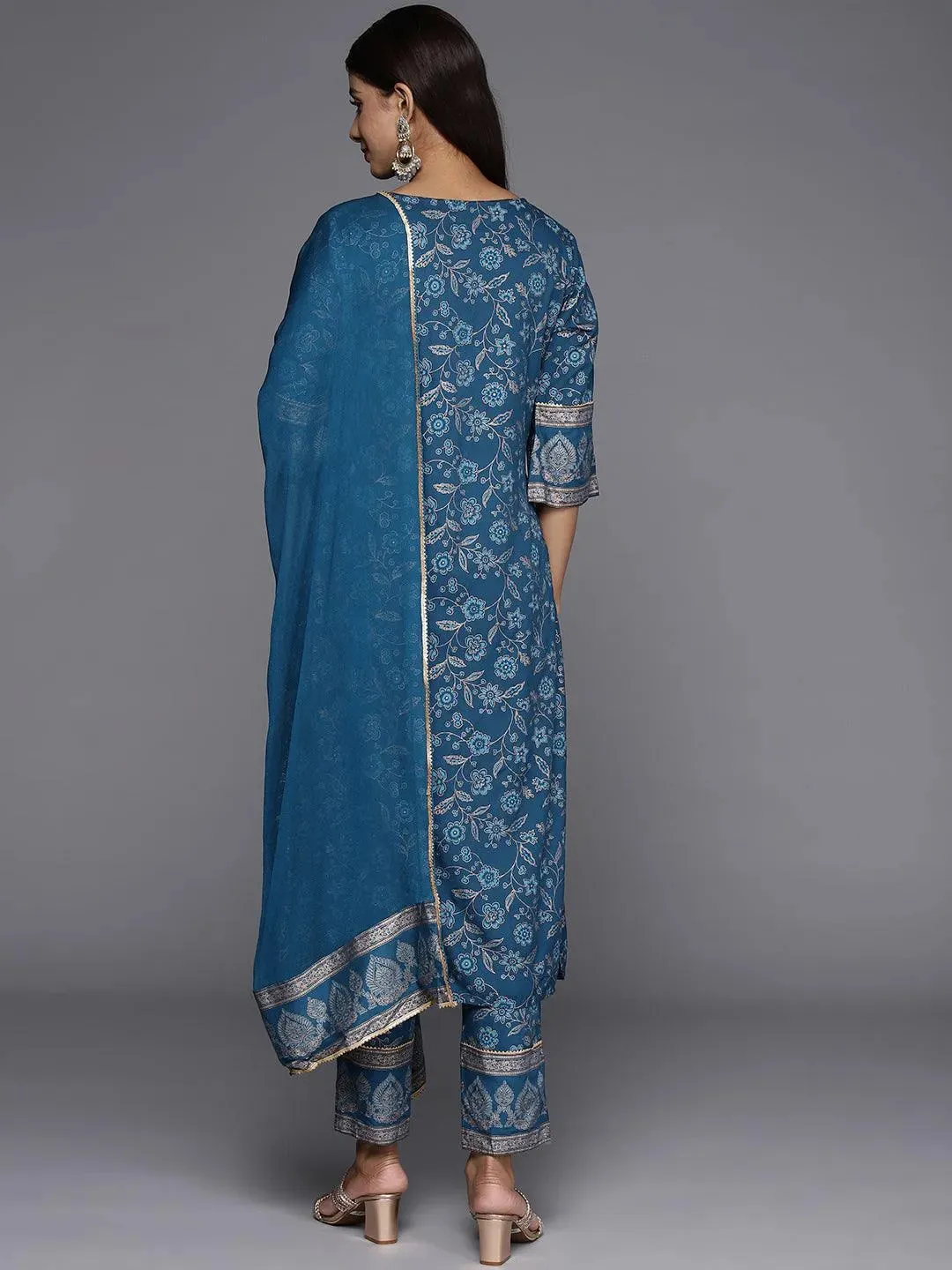 Blue Printed Rayon A-Line Kurta With Trousers & Dupatta