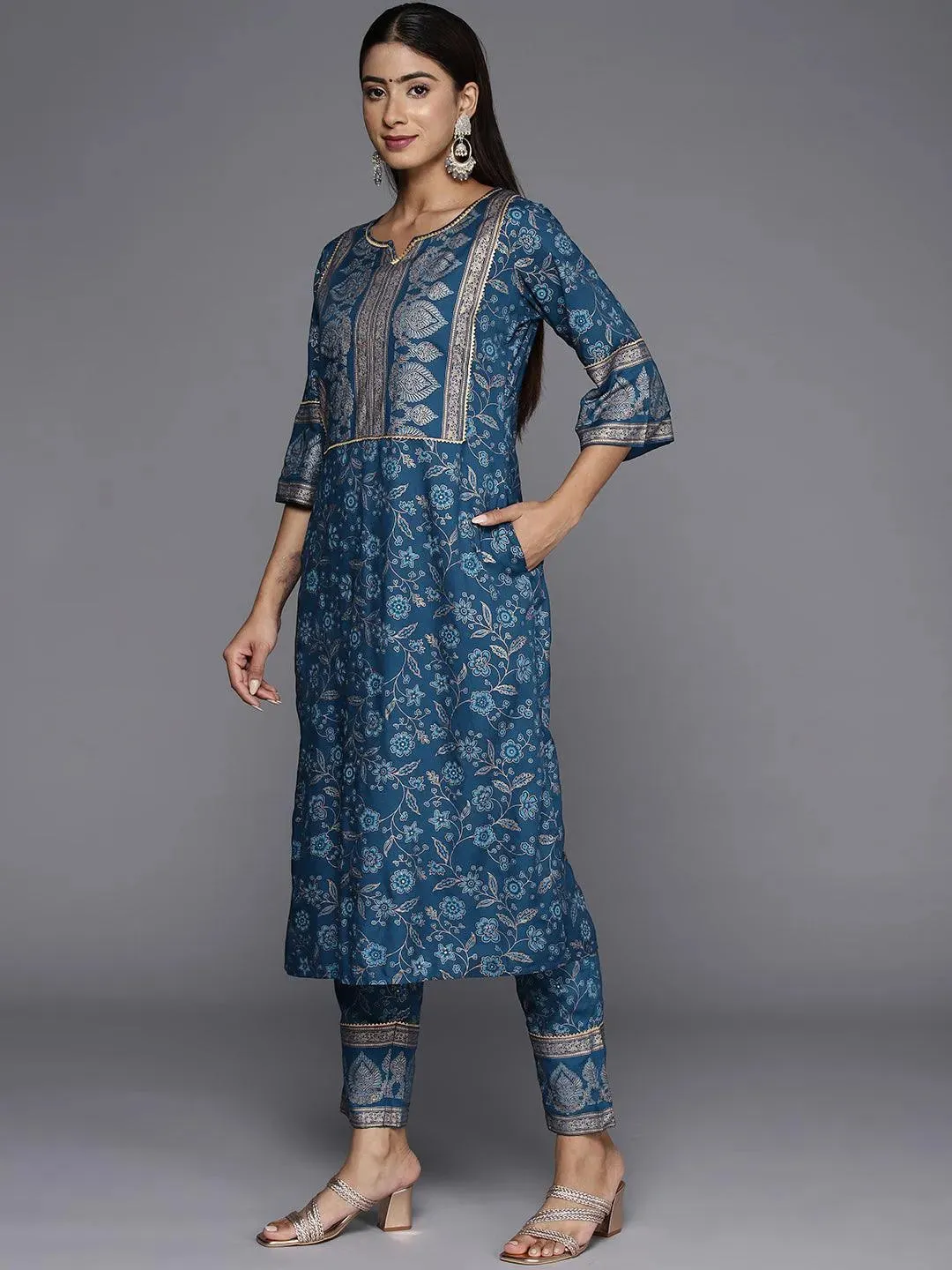 Blue Printed Rayon A-Line Kurta With Trousers & Dupatta