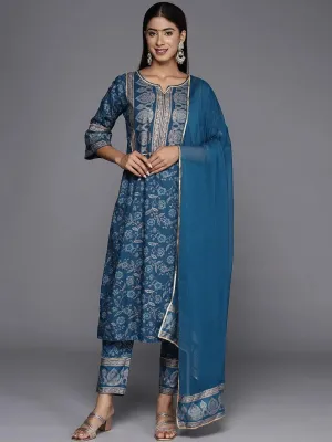 Blue Printed Rayon A-Line Kurta With Trousers & Dupatta