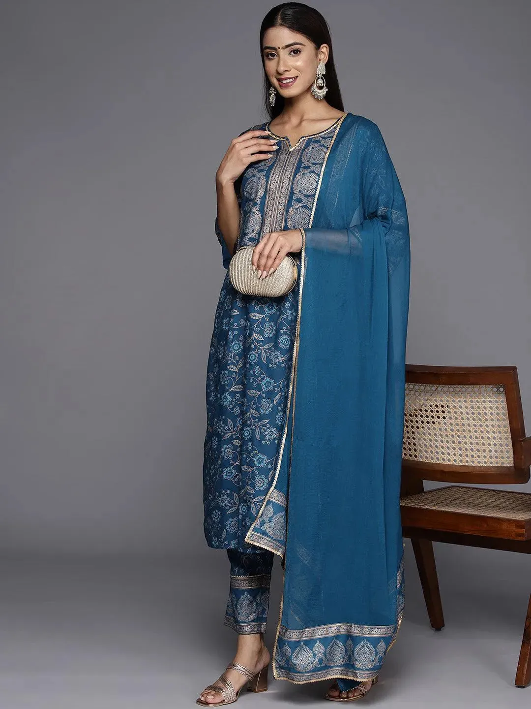 Blue Printed Rayon A-Line Kurta With Trousers & Dupatta