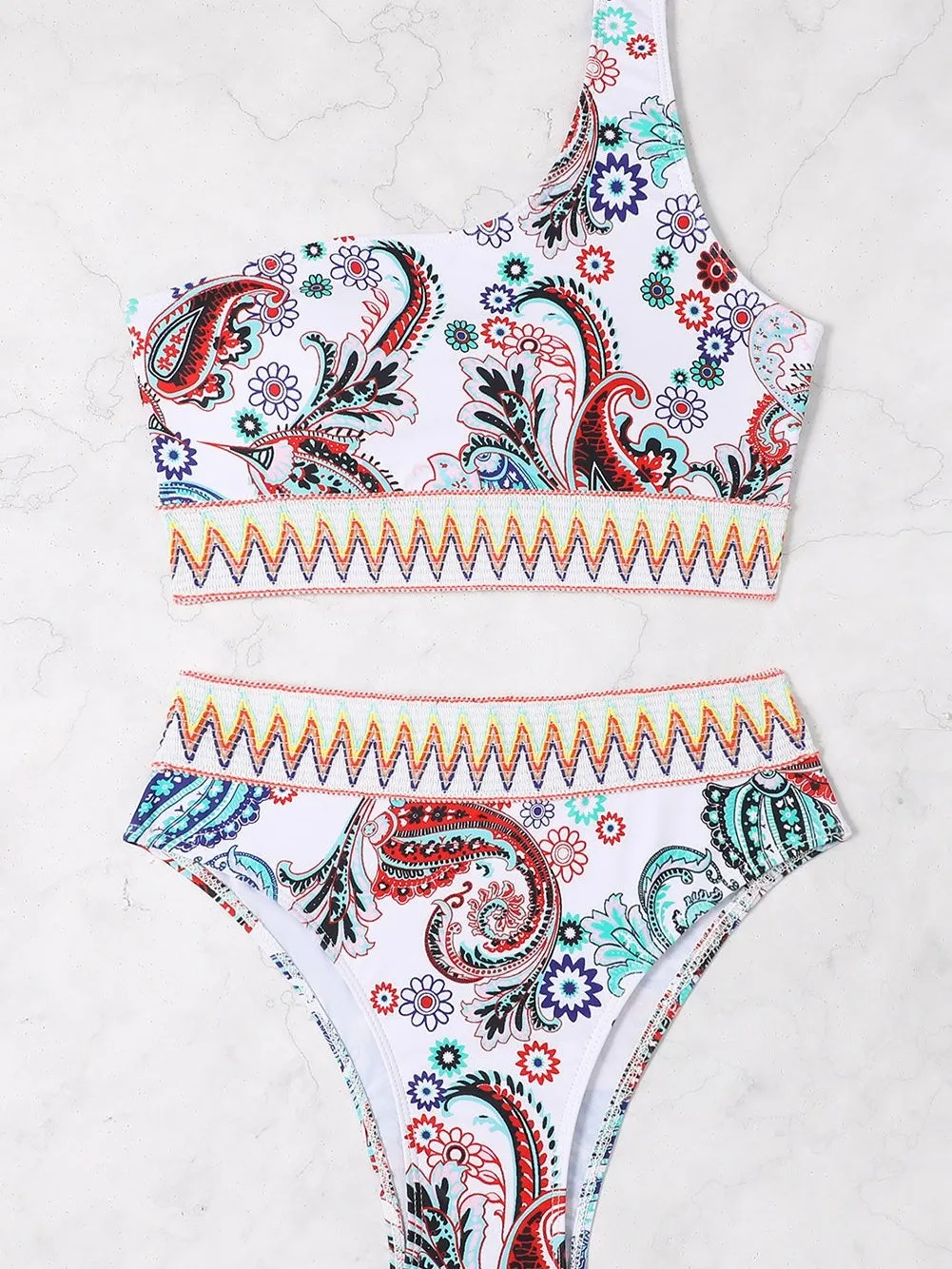 Boho Paisley One-shoulder Bikini with White Contrast Trim