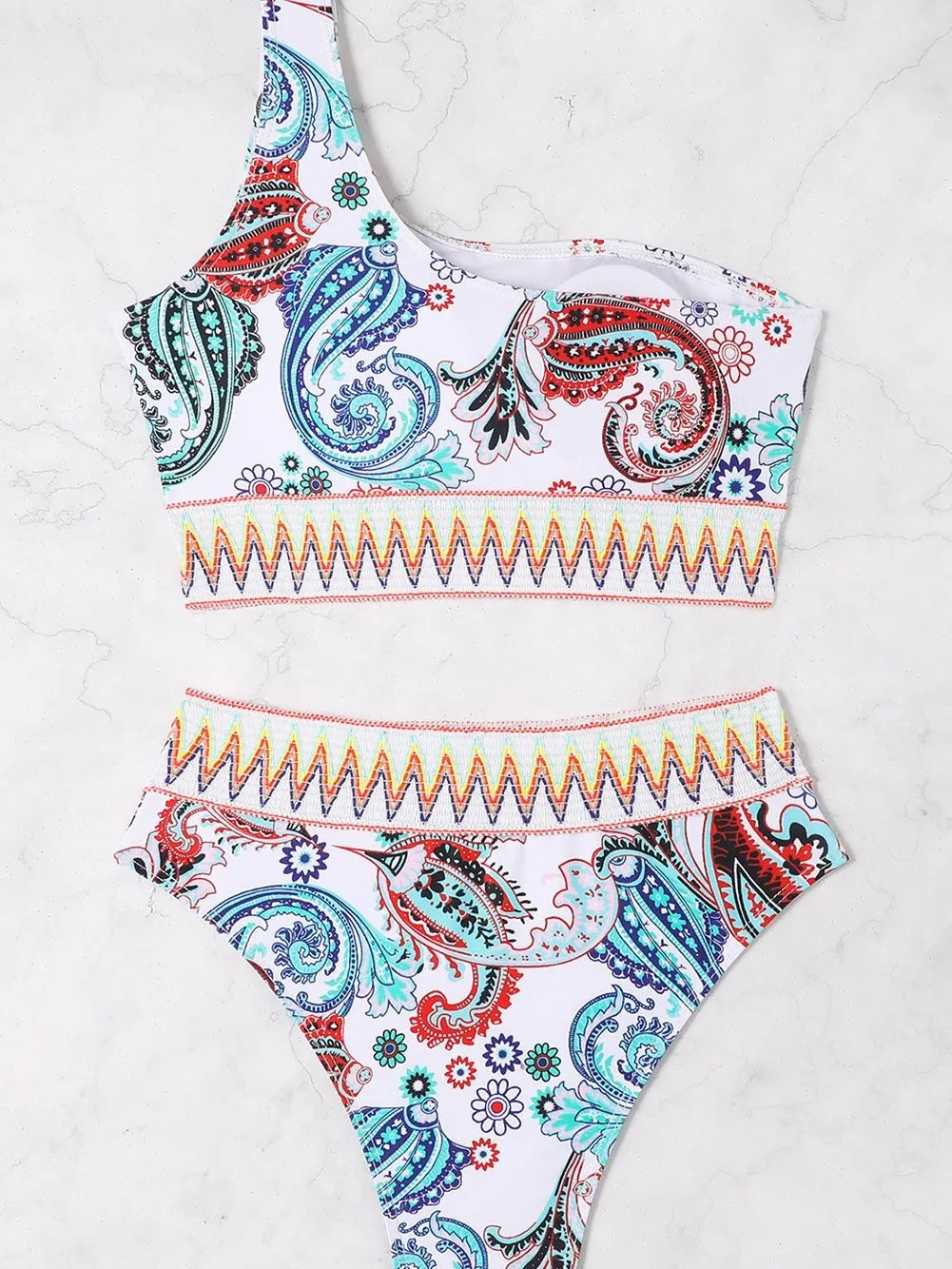 Boho Paisley One-shoulder Bikini with White Contrast Trim