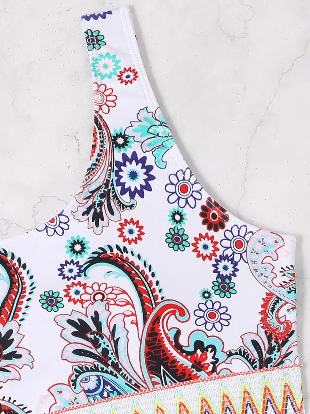 Boho Paisley One-shoulder Bikini with White Contrast Trim