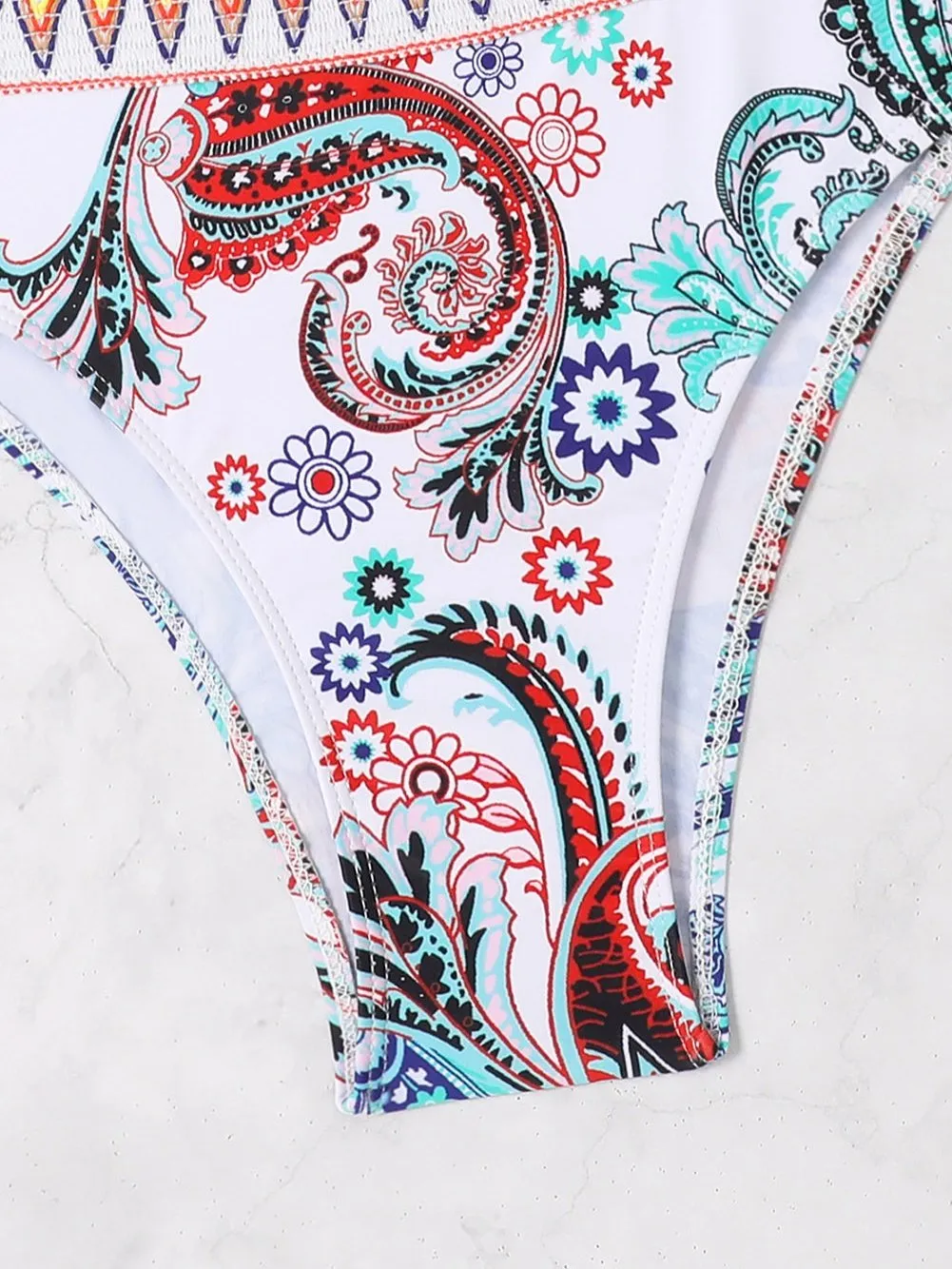 Boho Paisley One-shoulder Bikini with White Contrast Trim
