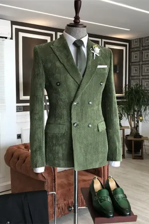 Boyd Chic Green Peaked Lapel Double-Breasted Corduroy Prom Suit For Men (sp)