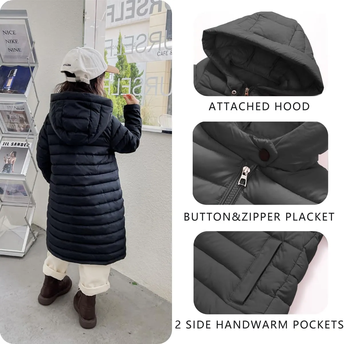 Boys Girls Long Lightweight Hooded Puffer Jacket Packable Autumn and Winter Long Down Coats
