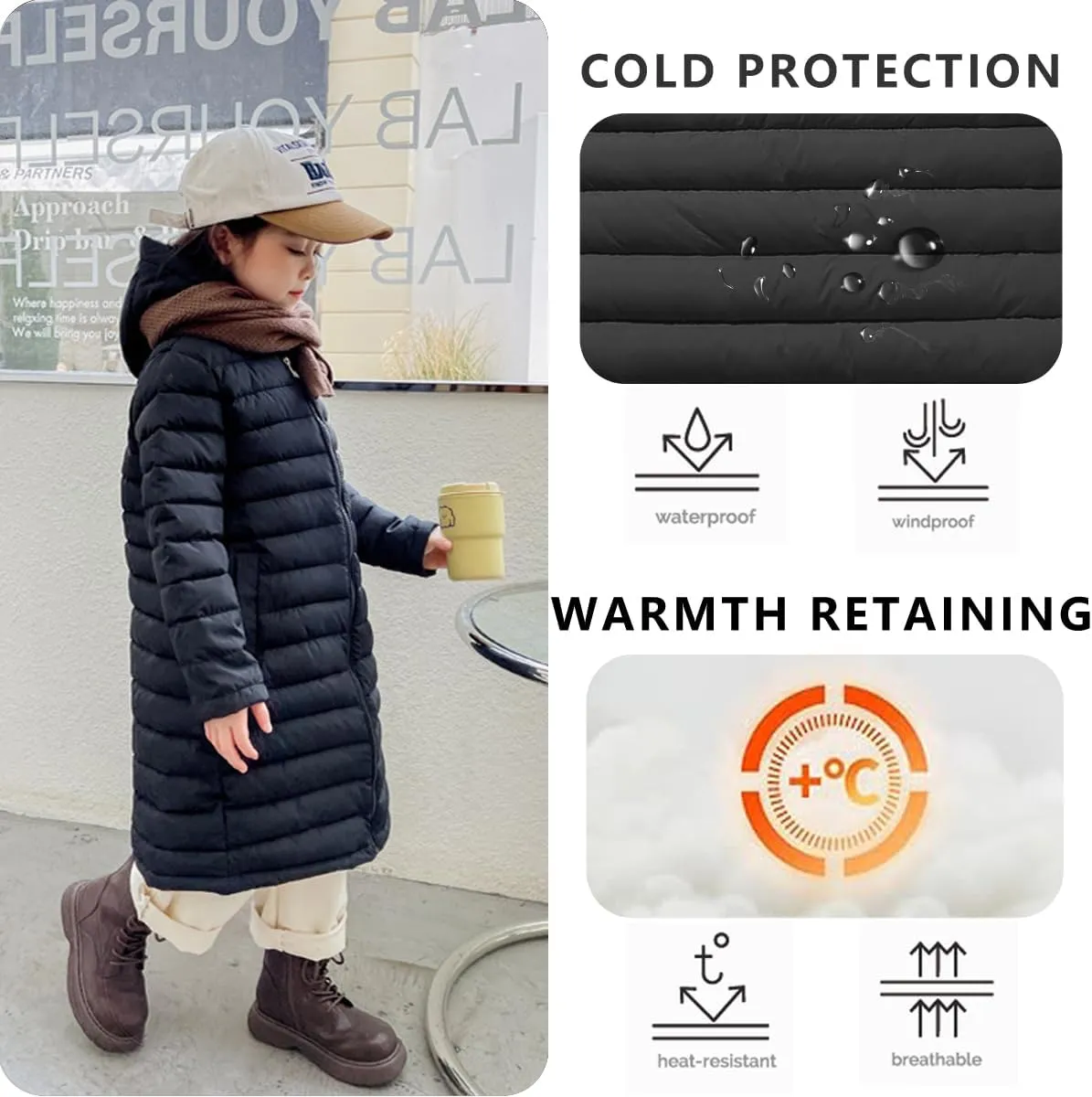 Boys Girls Long Lightweight Hooded Puffer Jacket Packable Autumn and Winter Long Down Coats