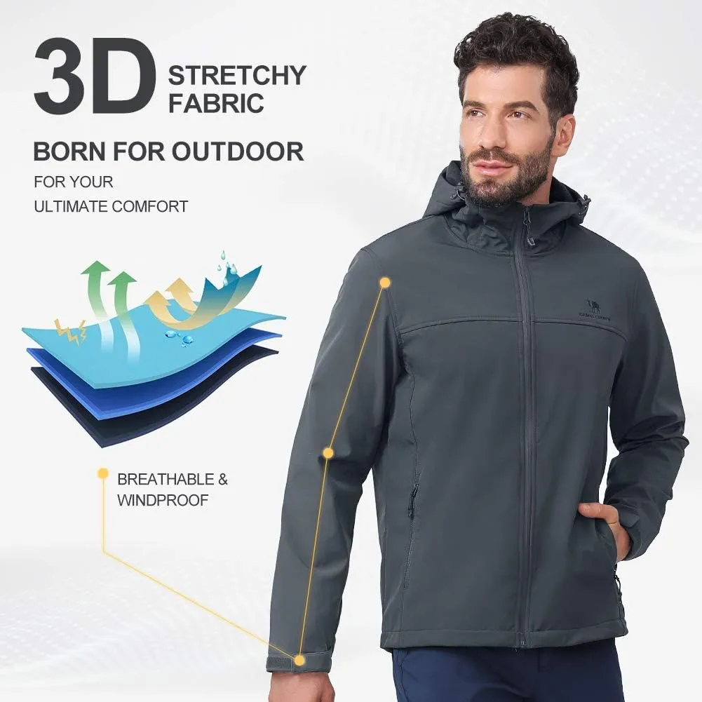 CAMEL CROWN Mens Softshell Jacket Fleece Lined Waterproof Windproof Lightweight Outerwear Full Zip Hiking Work Travel