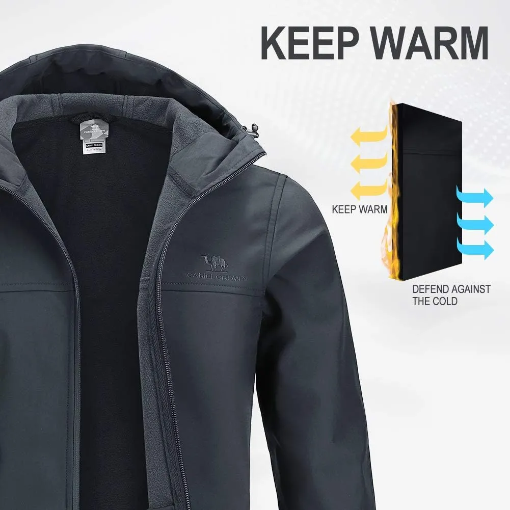 CAMEL CROWN Mens Softshell Jacket Fleece Lined Waterproof Windproof Lightweight Outerwear Full Zip Hiking Work Travel
