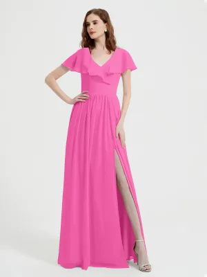 Cap Sleeves Long Chiffon Dresses with Slit-Azalea Plus Size