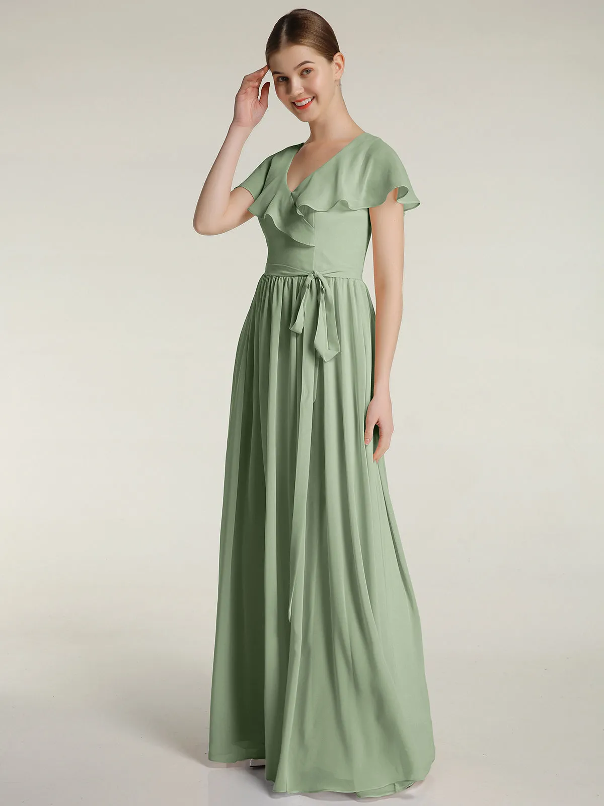 Cap Sleeves Long Chiffon Dresses with Slit-Dusty Sage