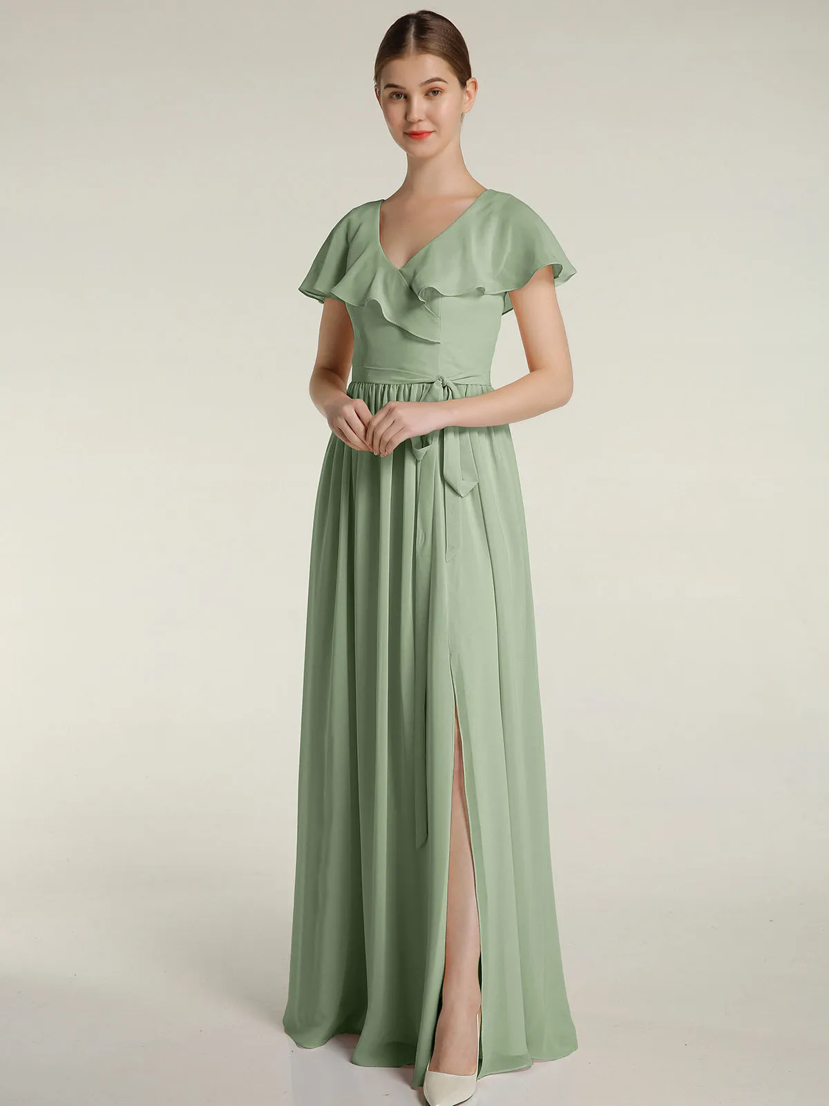Cap Sleeves Long Chiffon Dresses with Slit-Dusty Sage