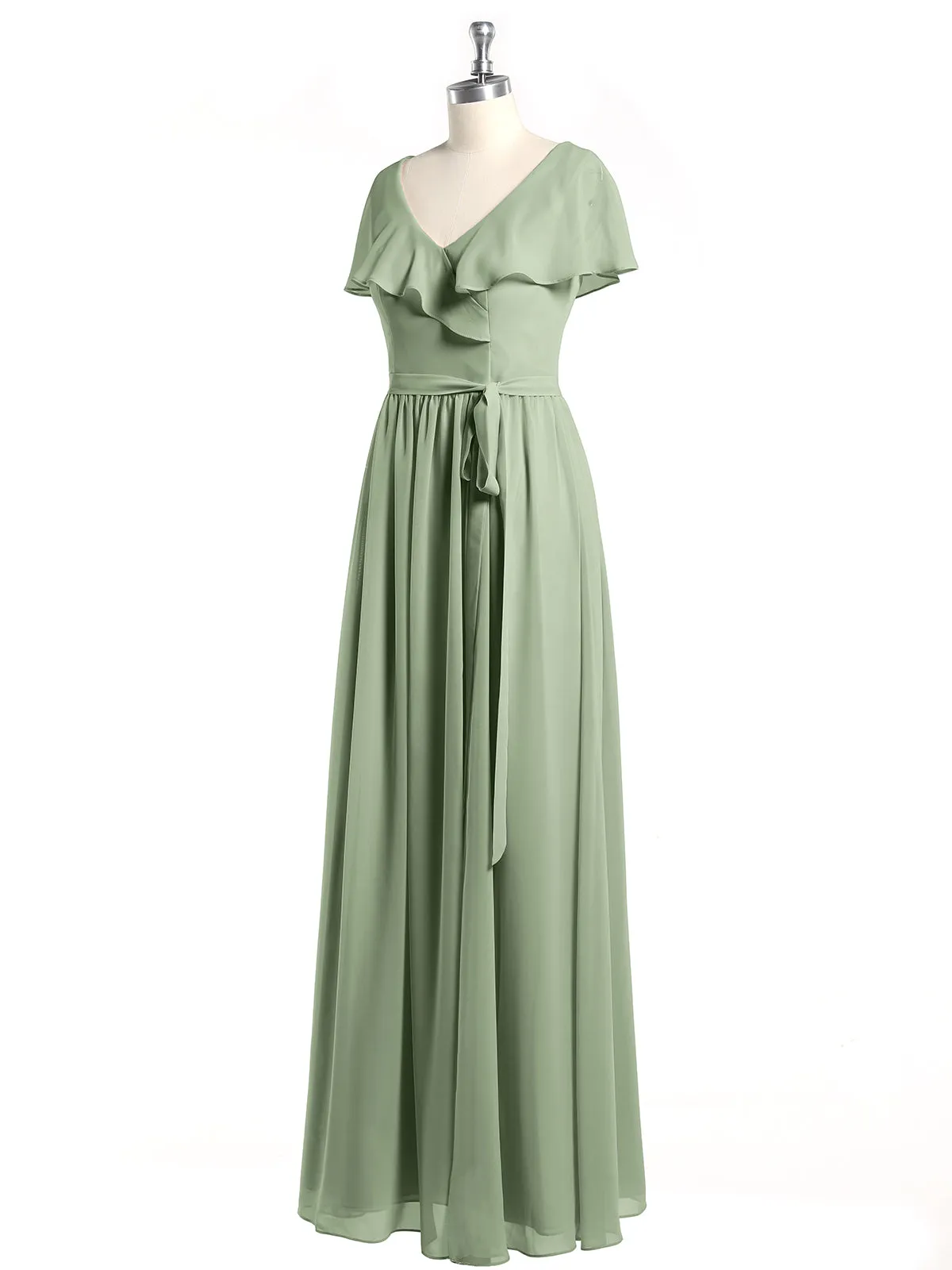 Cap Sleeves Long Chiffon Dresses with Slit-Dusty Sage