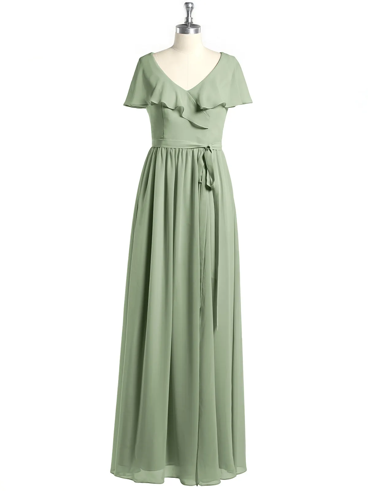 Cap Sleeves Long Chiffon Dresses with Slit-Dusty Sage