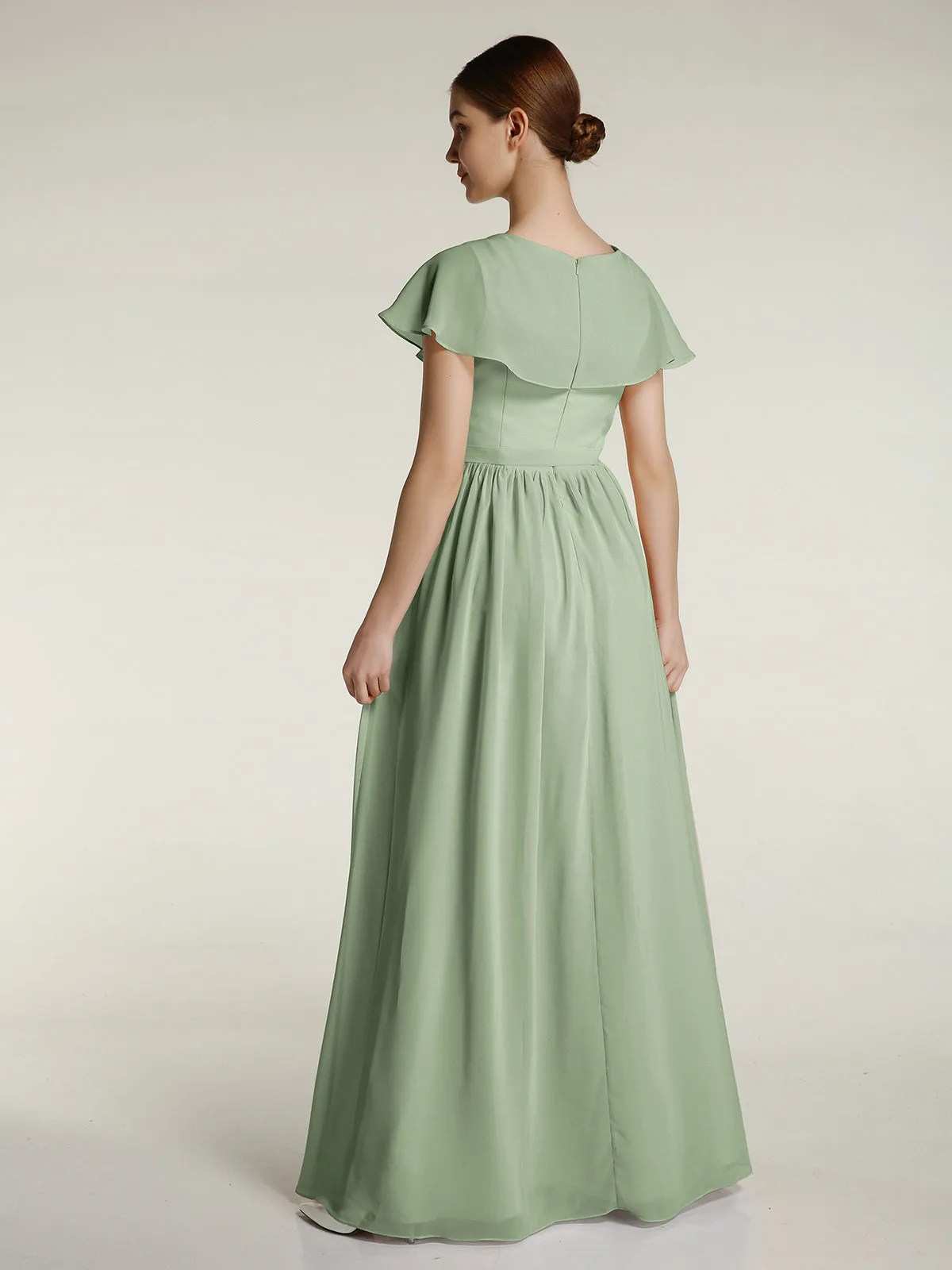 Cap Sleeves Long Chiffon Dresses with Slit-Dusty Sage