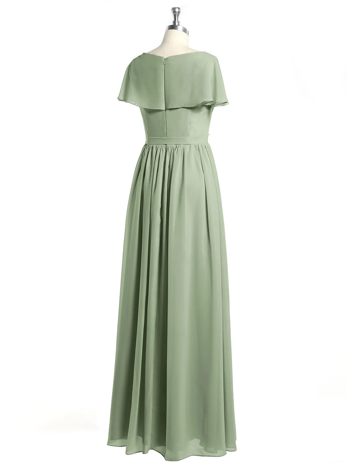 Cap Sleeves Long Chiffon Dresses with Slit-Dusty Sage