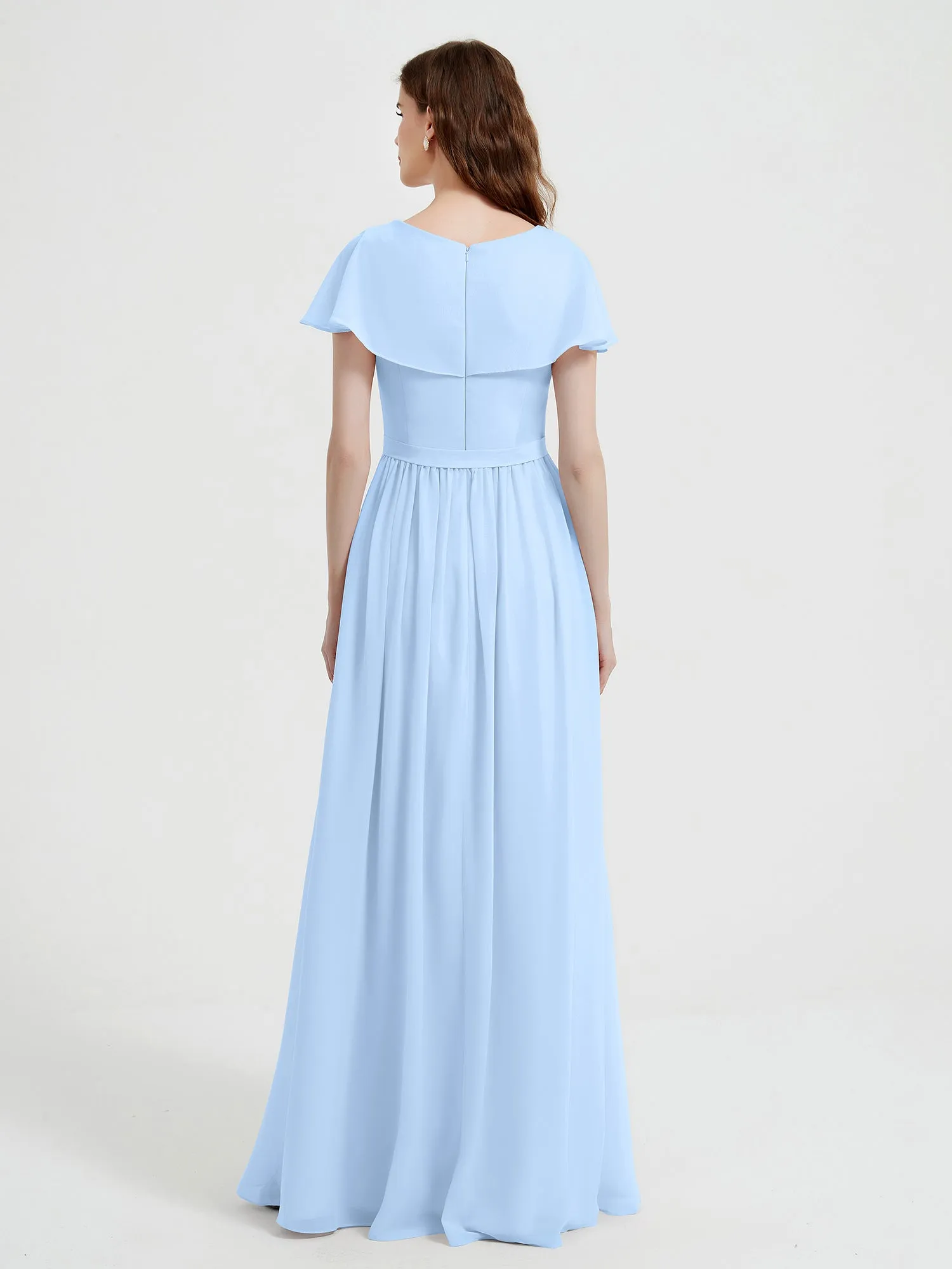 Cap Sleeves Long Chiffon Dresses with Slit-Sky Blue Plus Size