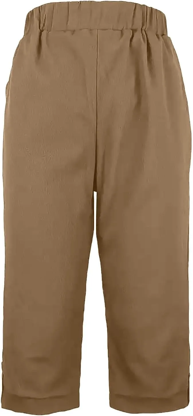 Capri Pants for Women 2025 Summer Trendy Casual Stretch Cotton Linen Capris Pant Straight Wide Leg Cropped Trousers