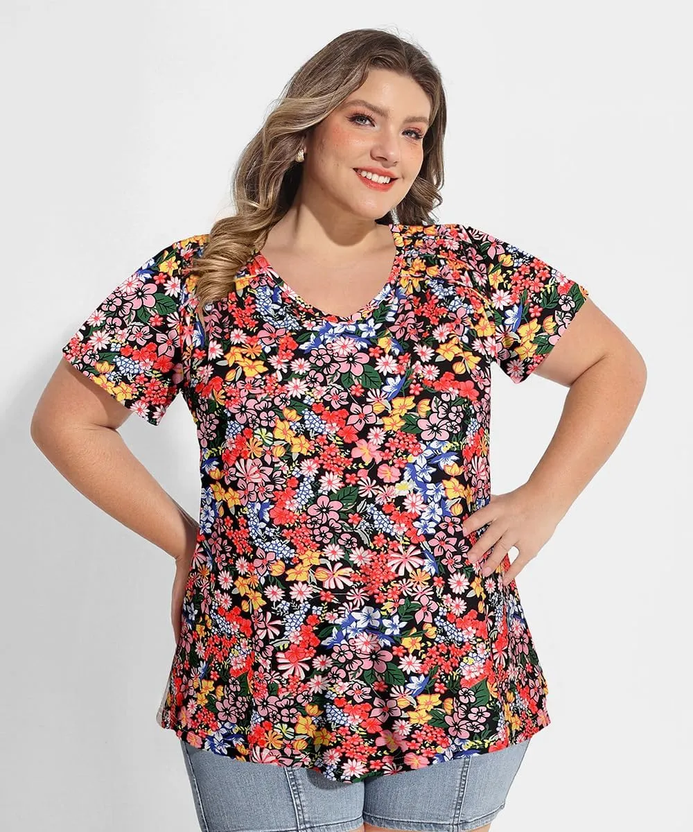 CARCOS Plus Size Tops for Women Short Sleeve Smocked V Neck Shirts Casual Summer Tunic Loose Fit Tshirts XL-5XL