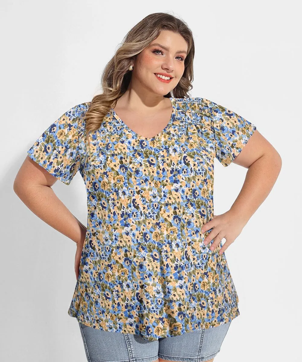 CARCOS Plus Size Tops for Women Short Sleeve Smocked V Neck Shirts Casual Summer Tunic Loose Fit Tshirts XL-5XL