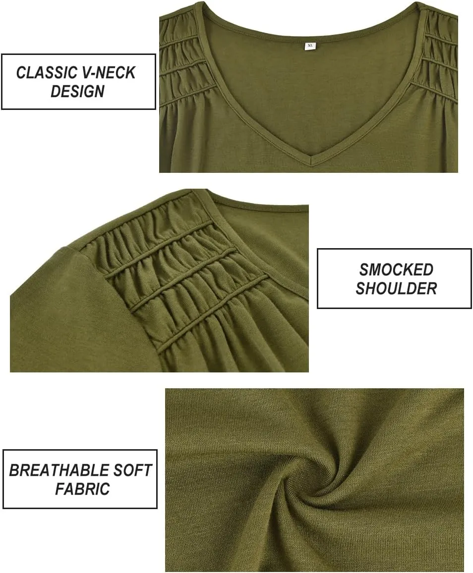 CARCOS Plus Size Tops for Women Short Sleeve Smocked V Neck Shirts Casual Summer Tunic Loose Fit Tshirts XL-5XL