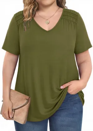 CARCOS Plus Size Tops for Women Short Sleeve Smocked V Neck Shirts Casual Summer Tunic Loose Fit Tshirts XL-5XL