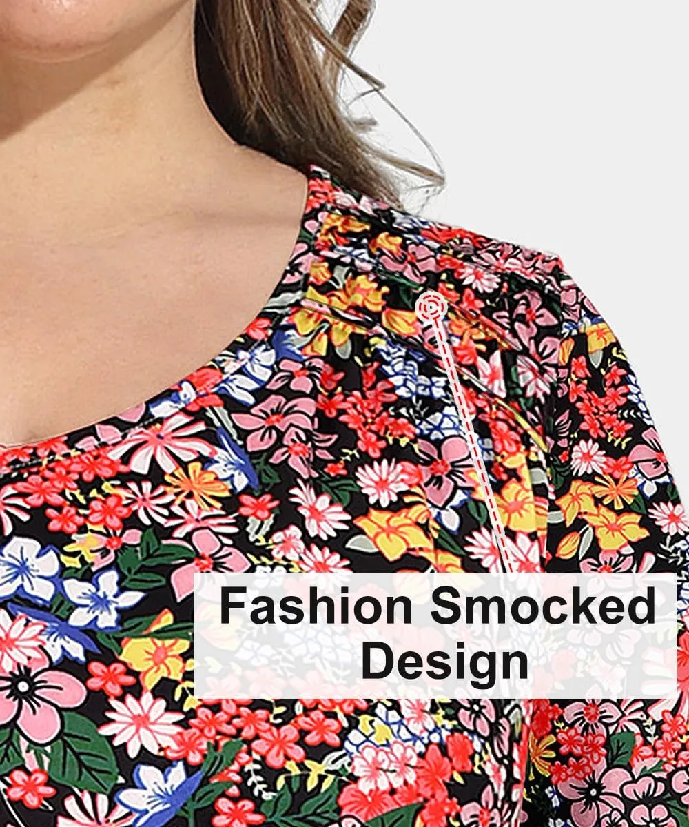 CARCOS Plus Size Tops for Women Short Sleeve Smocked V Neck Shirts Casual Summer Tunic Loose Fit Tshirts XL-5XL