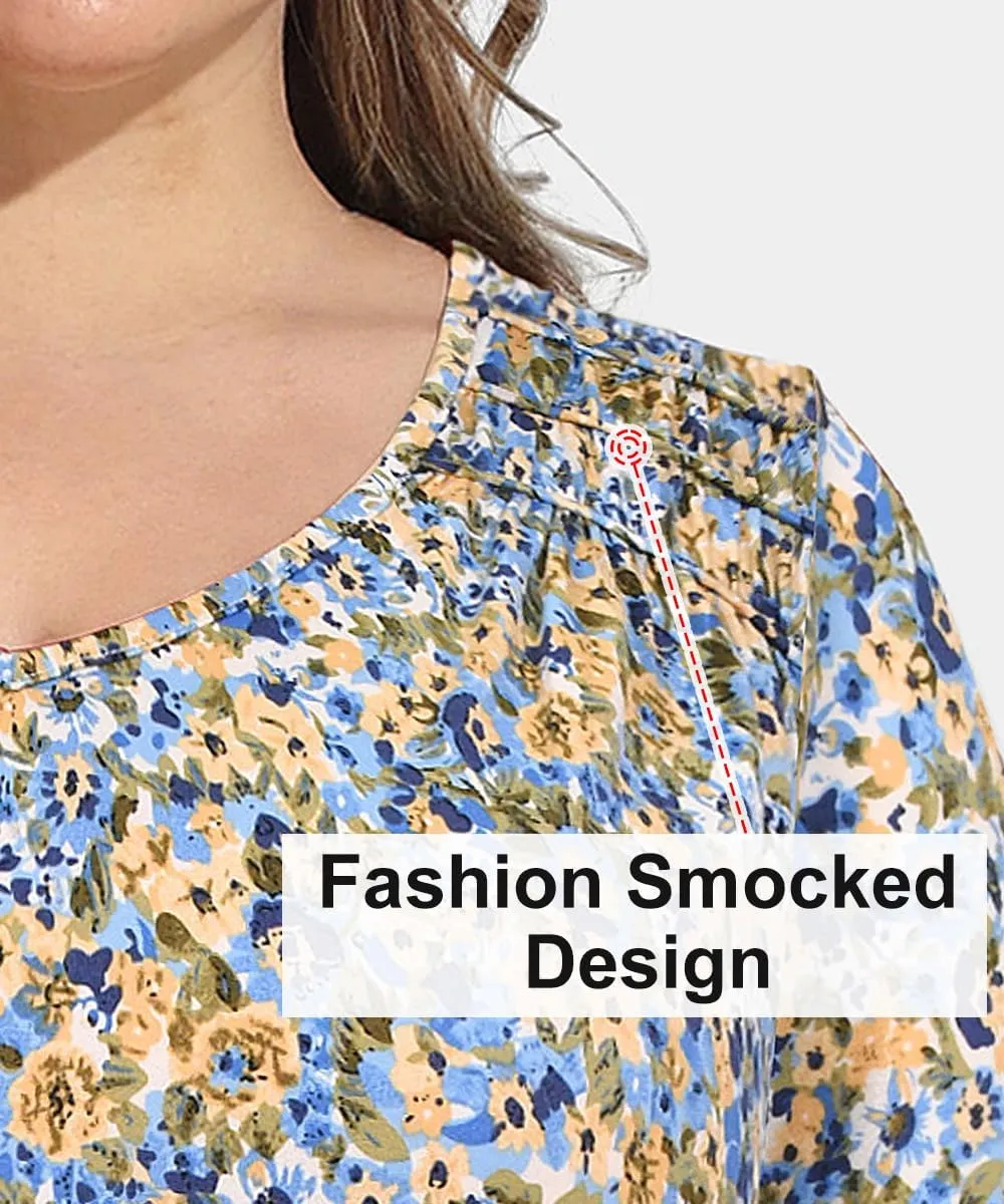 CARCOS Plus Size Tops for Women Short Sleeve Smocked V Neck Shirts Casual Summer Tunic Loose Fit Tshirts XL-5XL