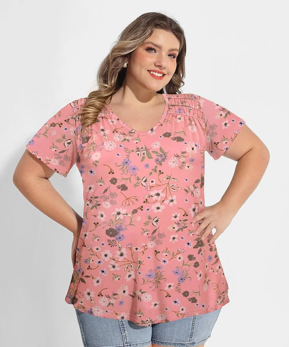 CARCOS Plus Size Tops for Women Short Sleeve Smocked V Neck Shirts Casual Summer Tunic Loose Fit Tshirts XL-5XL