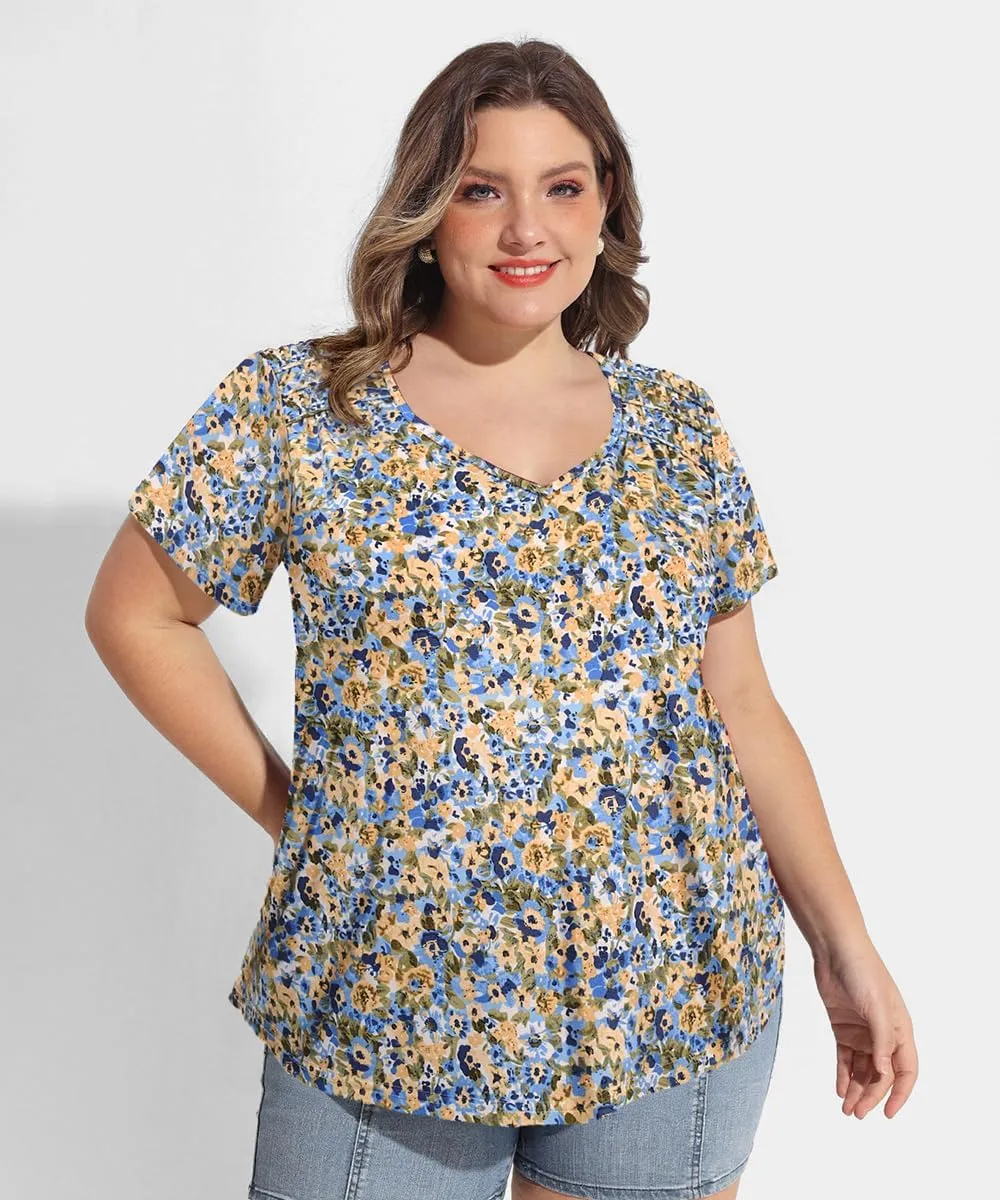 CARCOS Plus Size Tops for Women Short Sleeve Smocked V Neck Shirts Casual Summer Tunic Loose Fit Tshirts XL-5XL