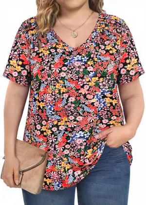CARCOS Plus Size Tops for Women Short Sleeve Smocked V Neck Shirts Casual Summer Tunic Loose Fit Tshirts XL-5XL