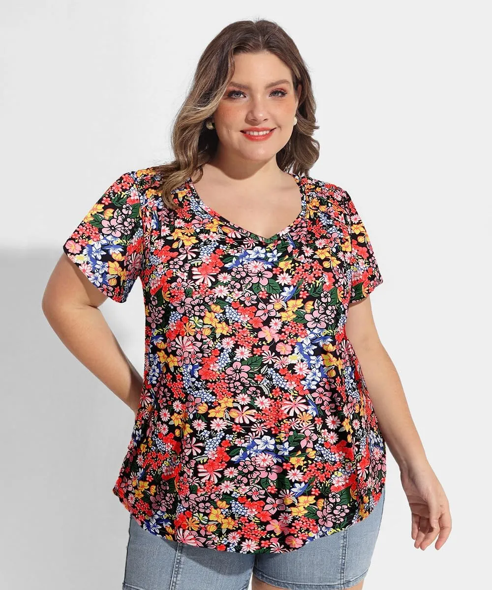 CARCOS Plus Size Tops for Women Short Sleeve Smocked V Neck Shirts Casual Summer Tunic Loose Fit Tshirts XL-5XL