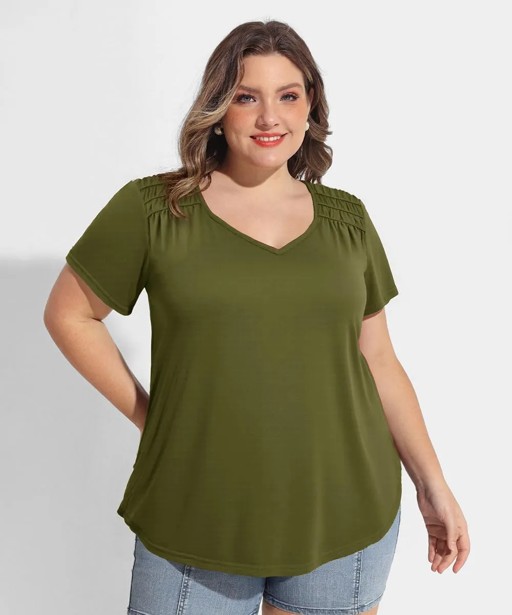 CARCOS Plus Size Tops for Women Short Sleeve Smocked V Neck Shirts Casual Summer Tunic Loose Fit Tshirts XL-5XL