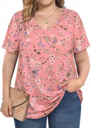 CARCOS Plus Size Tops for Women Short Sleeve Smocked V Neck Shirts Casual Summer Tunic Loose Fit Tshirts XL-5XL