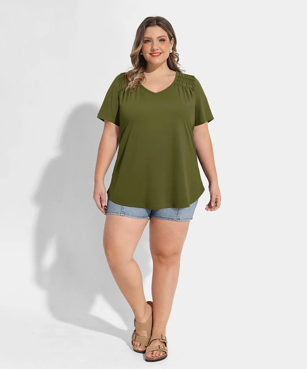 CARCOS Plus Size Tops for Women Short Sleeve Smocked V Neck Shirts Casual Summer Tunic Loose Fit Tshirts XL-5XL