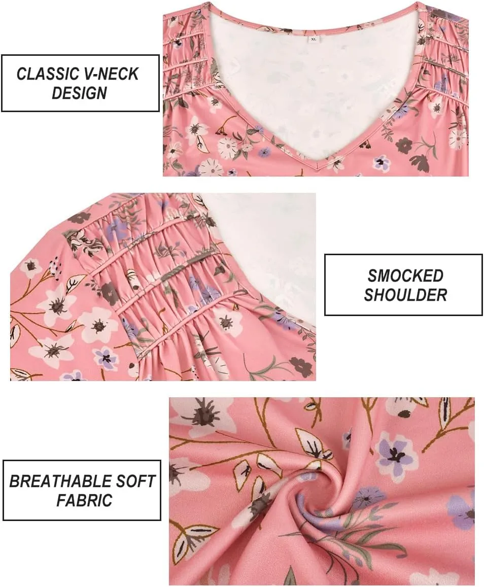 CARCOS Plus Size Tops for Women Short Sleeve Smocked V Neck Shirts Casual Summer Tunic Loose Fit Tshirts XL-5XL