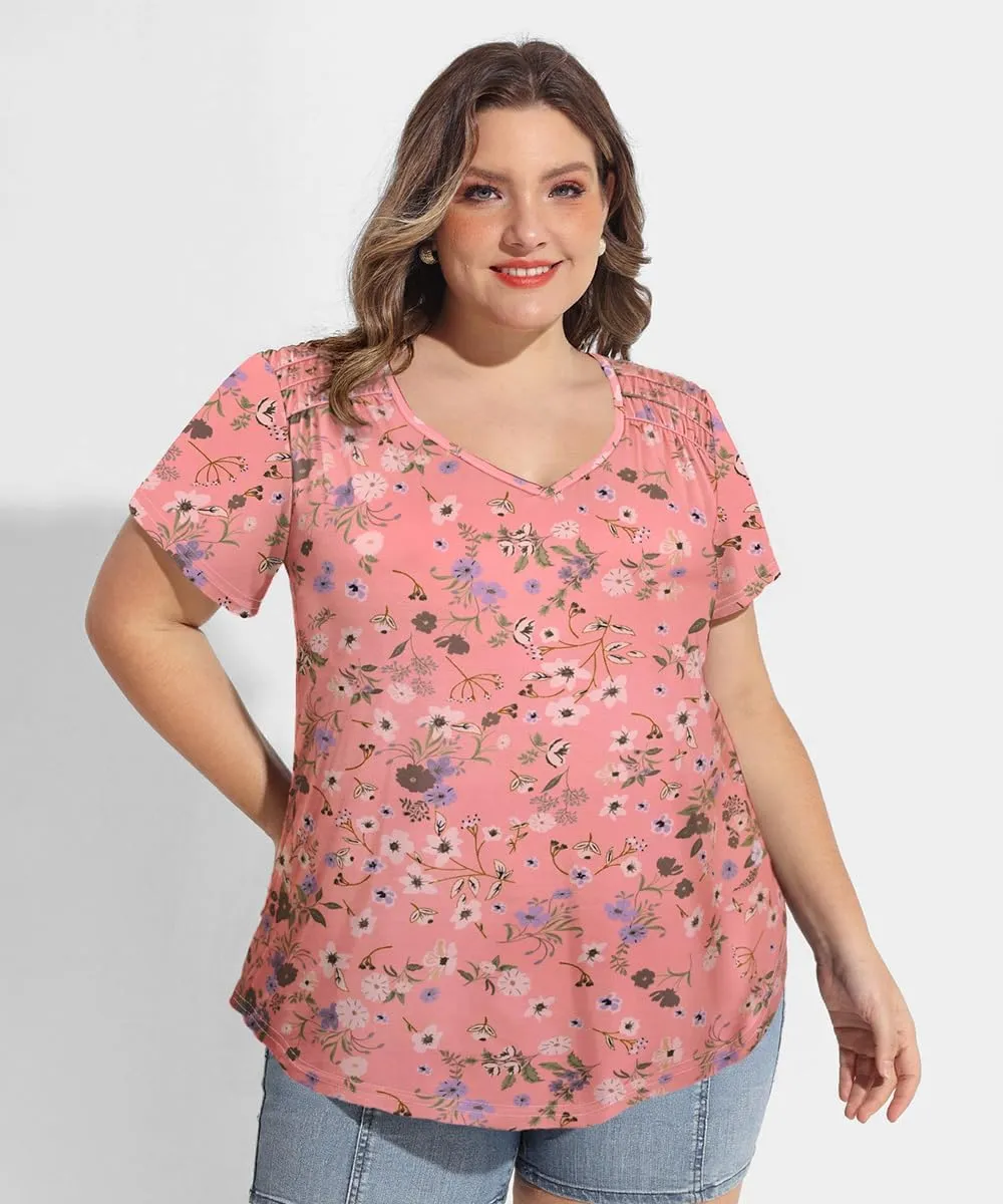 CARCOS Plus Size Tops for Women Short Sleeve Smocked V Neck Shirts Casual Summer Tunic Loose Fit Tshirts XL-5XL