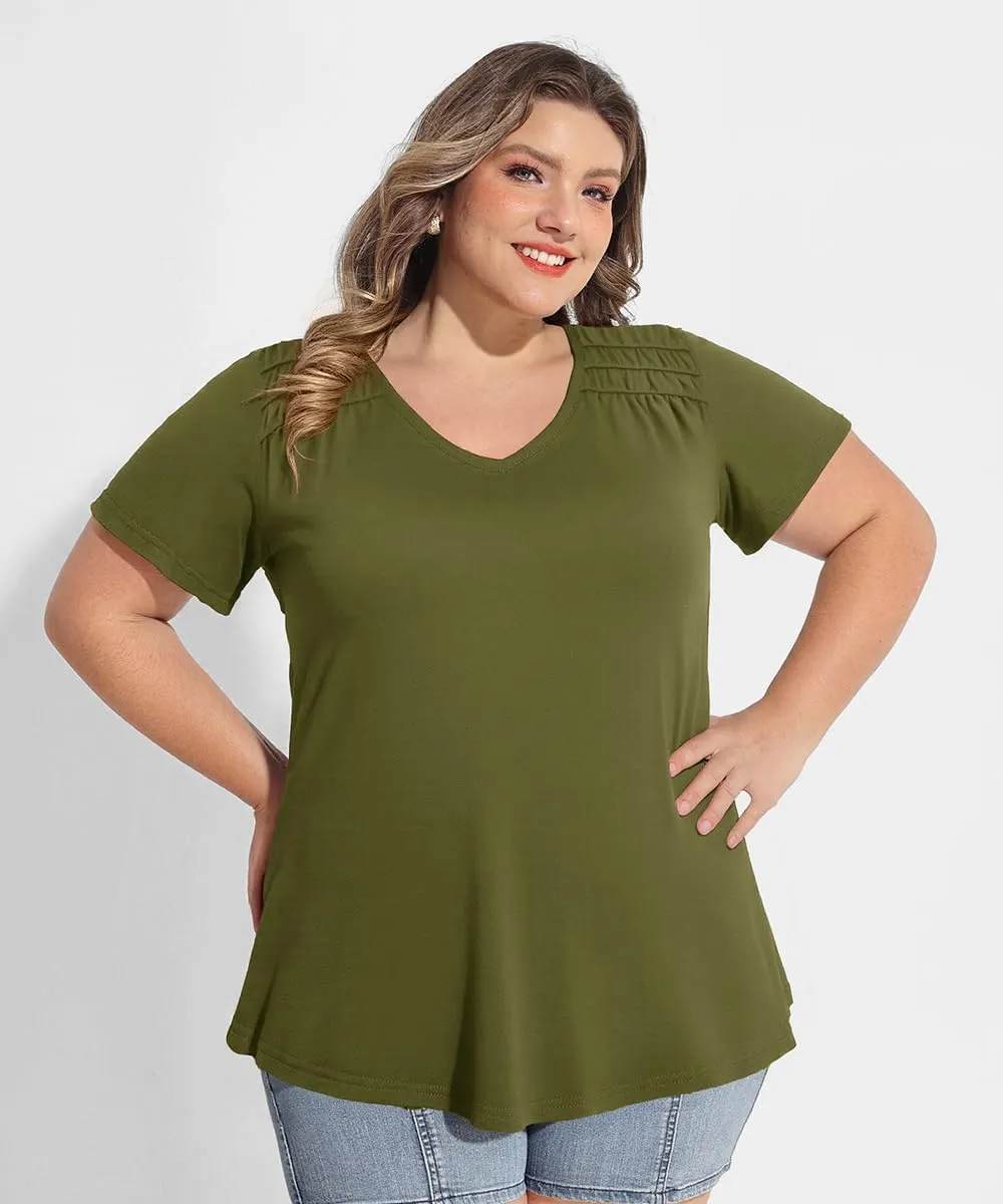 CARCOS Plus Size Tops for Women Short Sleeve Smocked V Neck Shirts Casual Summer Tunic Loose Fit Tshirts XL-5XL