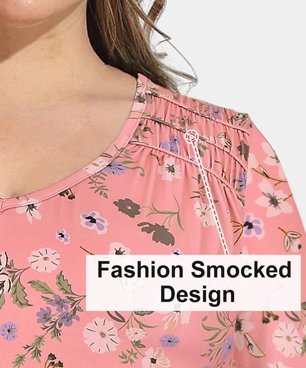 CARCOS Plus Size Tops for Women Short Sleeve Smocked V Neck Shirts Casual Summer Tunic Loose Fit Tshirts XL-5XL