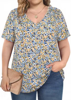 CARCOS Plus Size Tops for Women Short Sleeve Smocked V Neck Shirts Casual Summer Tunic Loose Fit Tshirts XL-5XL