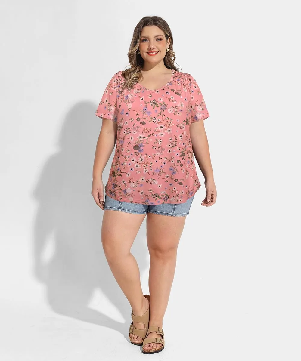 CARCOS Plus Size Tops for Women Short Sleeve Smocked V Neck Shirts Casual Summer Tunic Loose Fit Tshirts XL-5XL