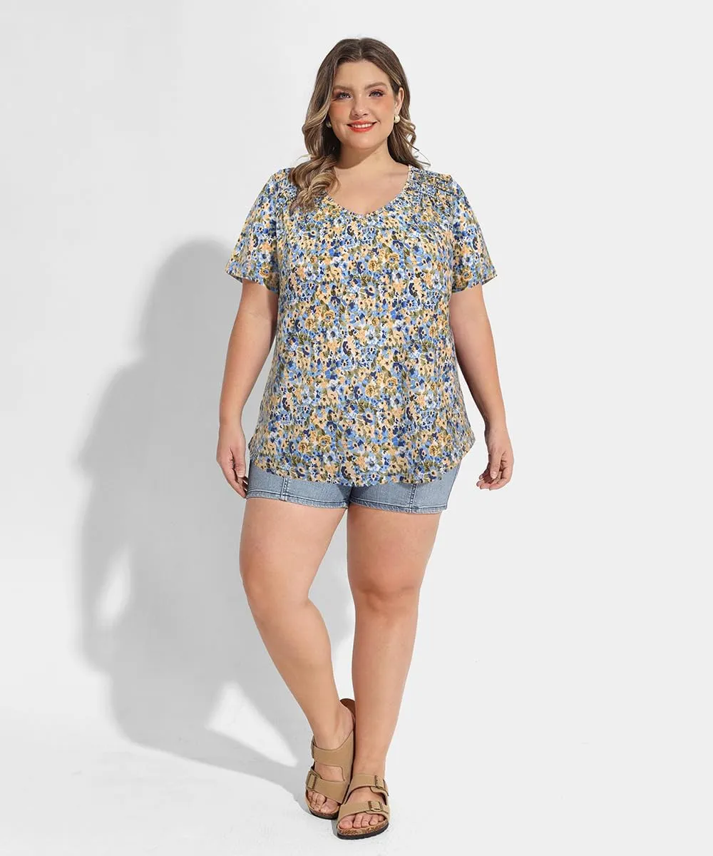 CARCOS Plus Size Tops for Women Short Sleeve Smocked V Neck Shirts Casual Summer Tunic Loose Fit Tshirts XL-5XL