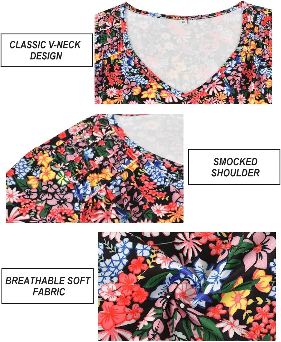 CARCOS Plus Size Tops for Women Short Sleeve Smocked V Neck Shirts Casual Summer Tunic Loose Fit Tshirts XL-5XL