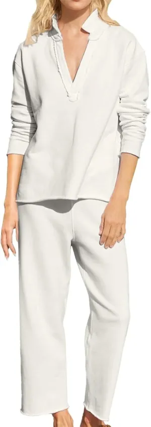 Casual Set for Women V Neck Long Sleeve Pullover Tops Leg Pants Suits Fashion Fall Travel Work Sport Clothes 2 Piece